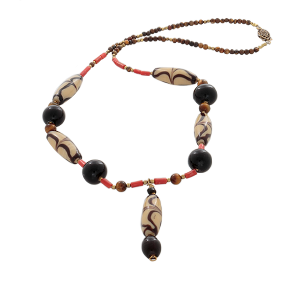 African Cream/Brown glass beads with coral, & Tiger's Eye Necklace - Finesse Jewelry