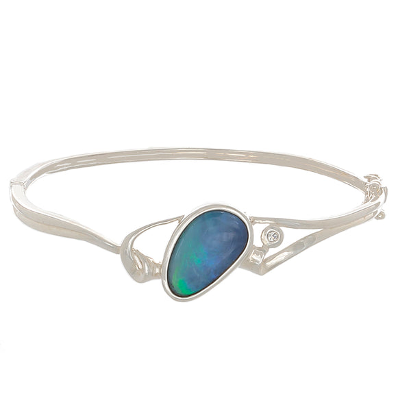 Blue Opal & Sterling Silver Bangle Bracelet-blue fire - Finesse Jewelry