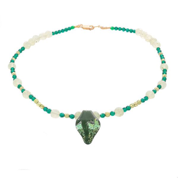 Diachroic glass pendant on Prehenite & crystal beaded Necklace - Finesse Jewelry