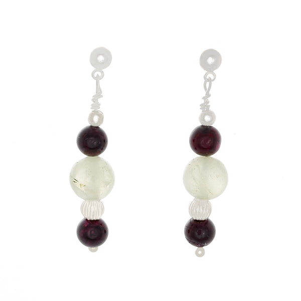 Garnet & prehnite with Silver Beaded Earrings - Finesse Jewelry