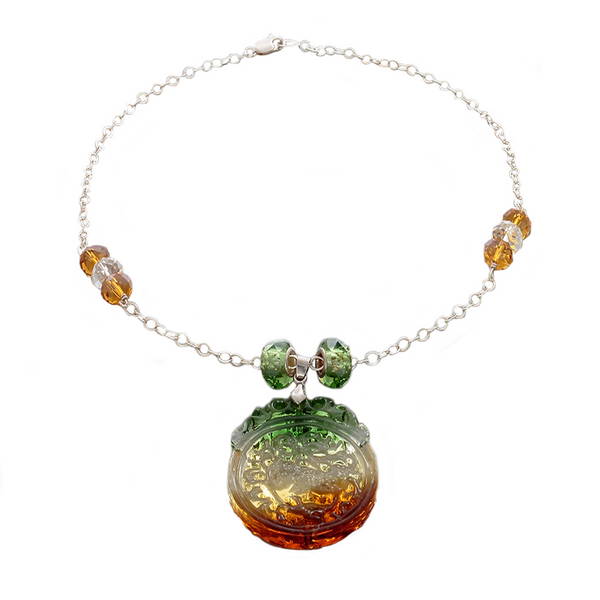 Green, Amber & Clear Crystal Pendant Necklace on Sterling Silver chain - Finesse Jewelry