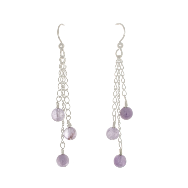 Light Amethyst 3-Bead Earrings on Sterling Silver Chain - Finesse Jewelry
