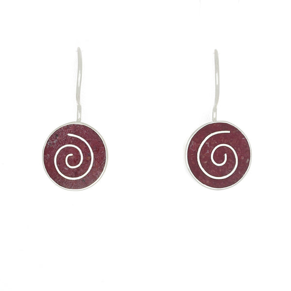Red Coral inlaid with silver in a spiral earrings - Finesse Jewelry