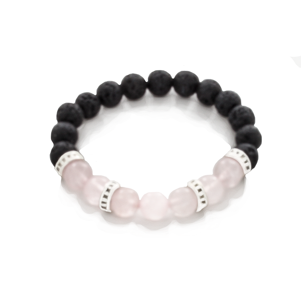 Rose Quartz, Lava, and Sterling Silver Bead Stretch Infusion Bracelet for Men or Women - Finesse Jewelry