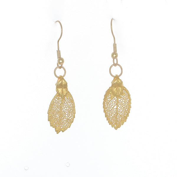 Raku- 24k gold covered leaves on French hook earrings - Finesse Jewelry