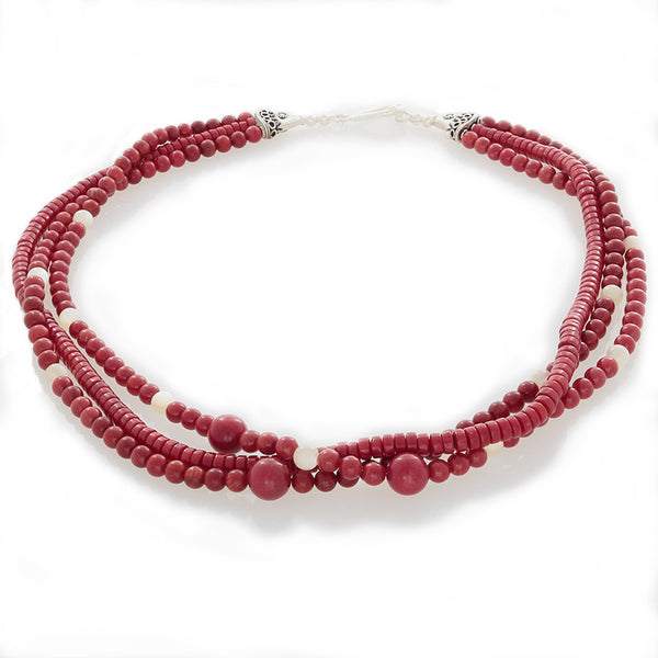 Three-Strand Coral & Ulexite necklace with Sterling Silver Toggle Clasp - Finesse Jewelry