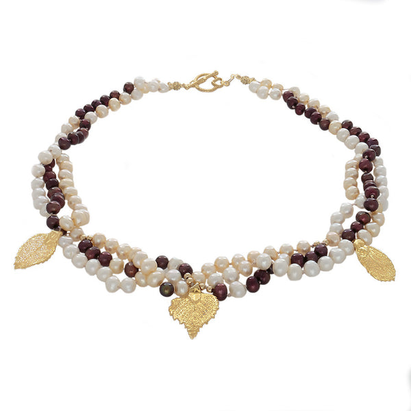 Raku - 24k gold covered leaves on a  3 strand pearl necklace - Finesse Jewelry