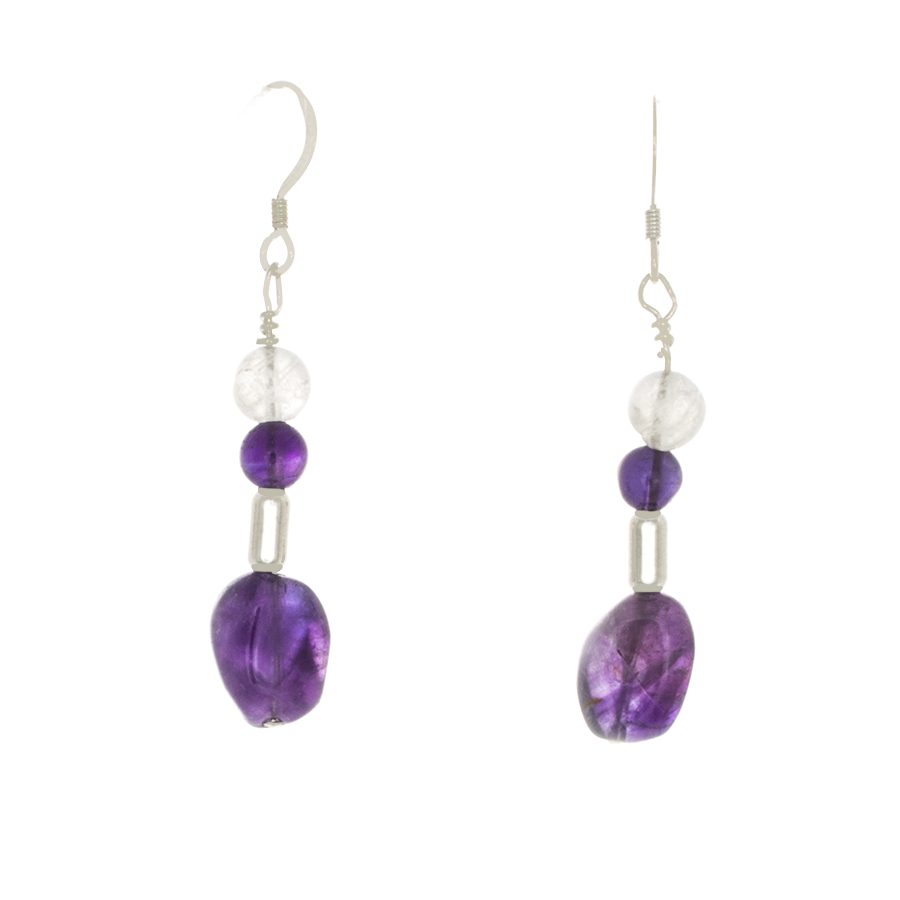 Amethyst and Moonstone beads Sterling Silver French Hook Earrings - Finesse Jewelry