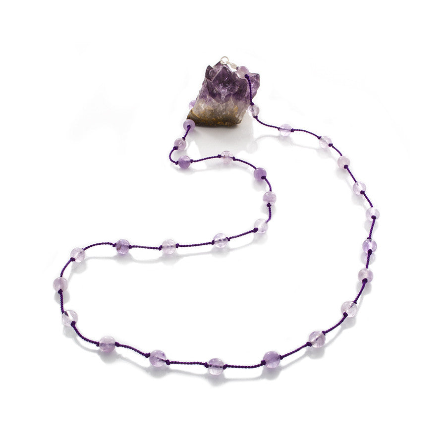 Violet Amethyst beads Hand-Knotted & spaced on Silk cord Necklace - Finesse Jewelry