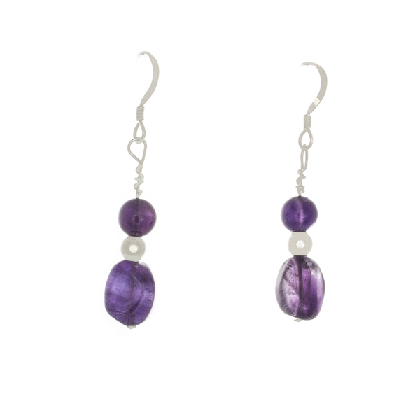 Amethyst Tumbled and Round Bead French Hool Earrings - Finesse Jewelry