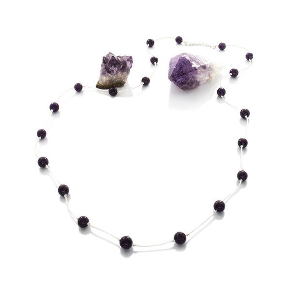 Dark Amethyst Beads Spaced on White Silk Cord necklace - Finesse Jewelry