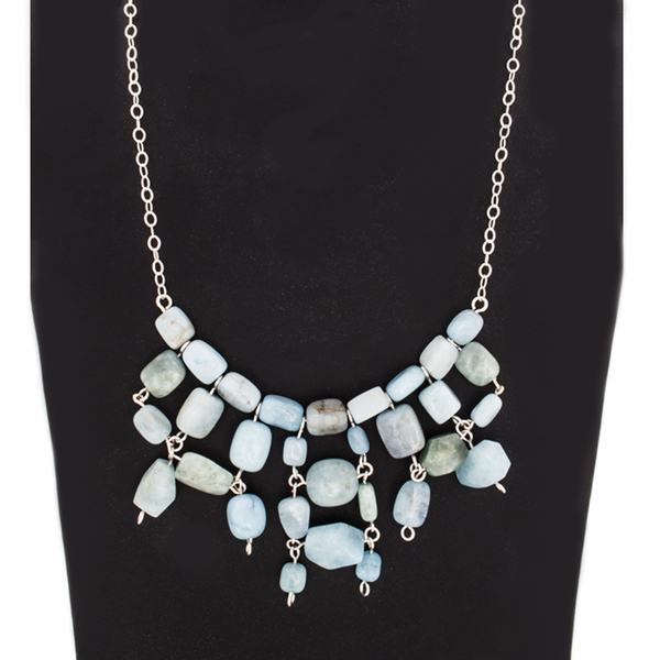 Aquamarine Chuncky Bead Statement Necklace on Sterling Silver Chain - Finesse Jewelry