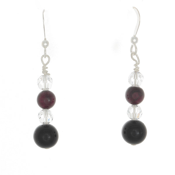 Garnet, Black Onyx and  Clear Quartz Sterling French Hook earrings - Finesse Jewelry