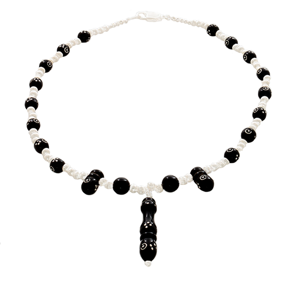 Black Coral inlaid with silver & silver beaded Necklace - Finesse Jewelry