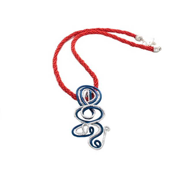 Blue and White Twisted Focal on Red Kumihimo Braided Necklace - Finesse Jewelry