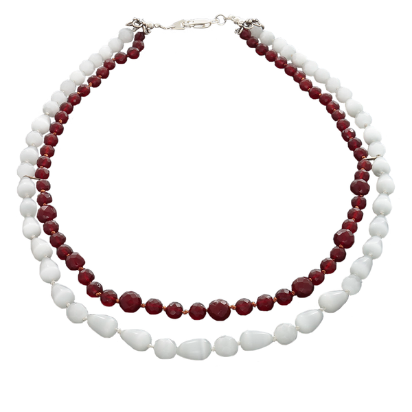 Ulexite & Carnelian Double Stranded Necklace with Sterling silver lobster clasp - Finesse Jewelry