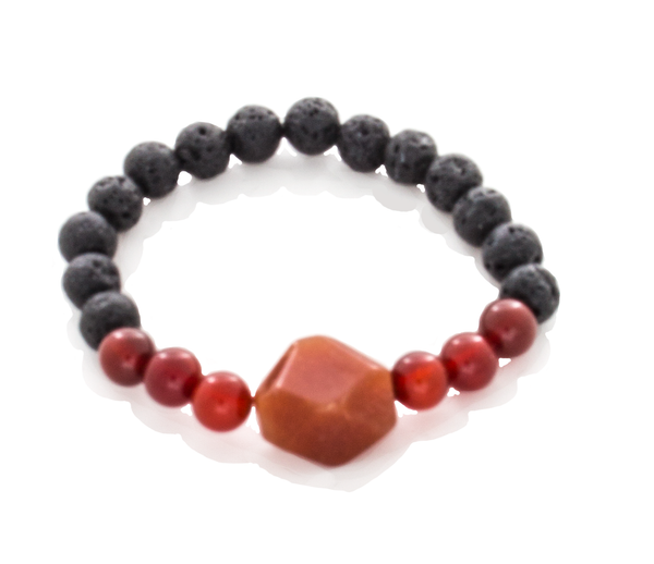 Carnelian Round and Trapazoid, Lava Beaded Stretch Infusion Bracelet for Men or Women - Finesse Jewelry