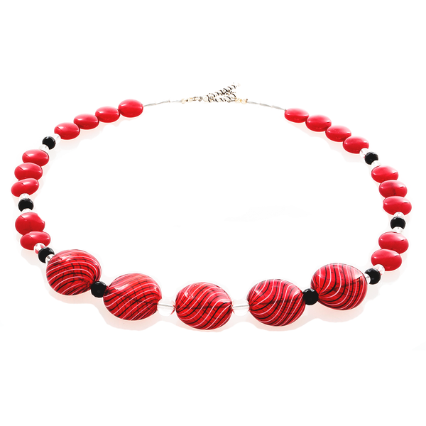 Cherry Quartz and Blown Glass in red with black striped Necklace - Finesse Jewelry