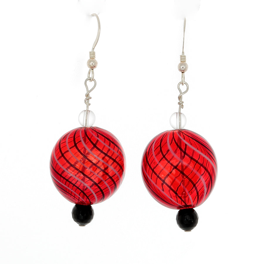 Cherry Red with Black Stripes Blown Glass Earrings in Sterling Silver - Finesse Jewelry