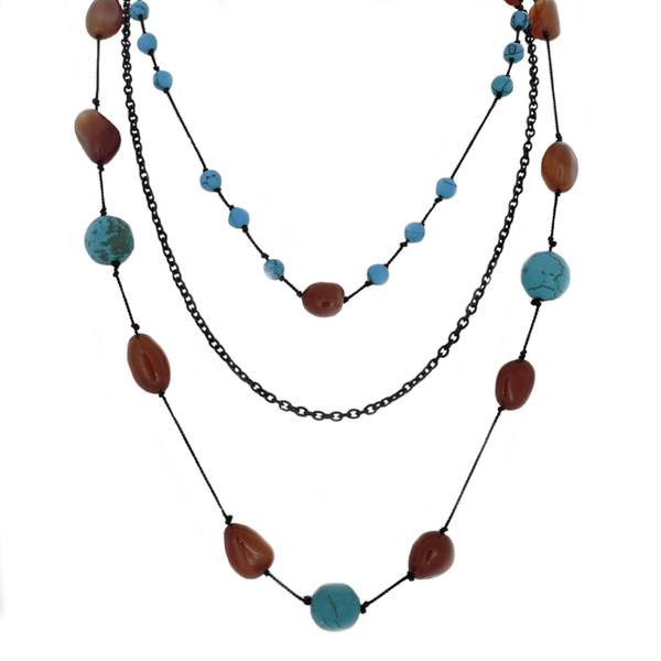 3-Strand Necklace: hand-tied citrine nuggets and turquoise beads and black chain - Finesse Jewelry