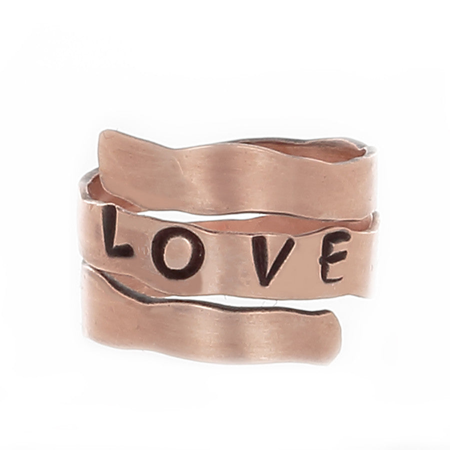 Copper Wrap Rings, stamped with the word "LOVE" - adjustable sizes - Finesse Jewelry