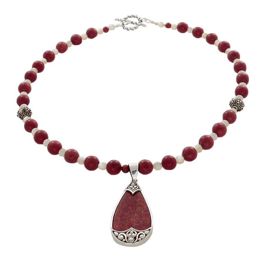 Coral and Cream Ulexite Necklace with Coral and silver pendant - Finesse Jewelry
