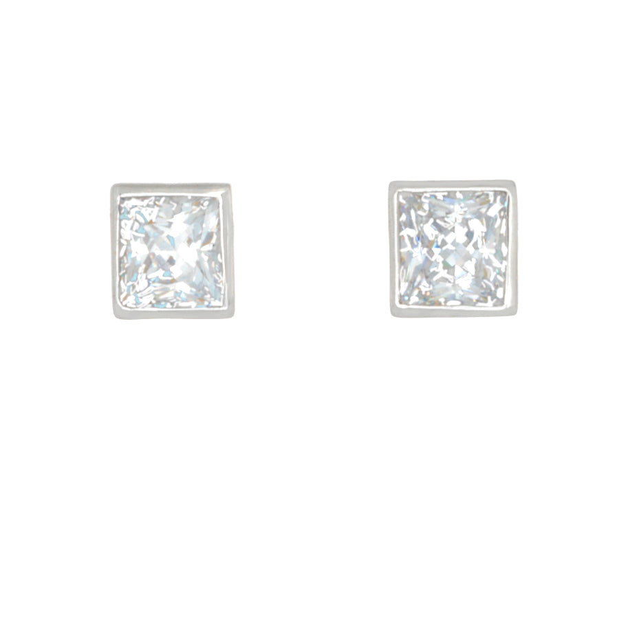 Desert Diamond 4 tcw Princess Cut stud earrings bezel set in 18k white gold - Finesse Jewelry