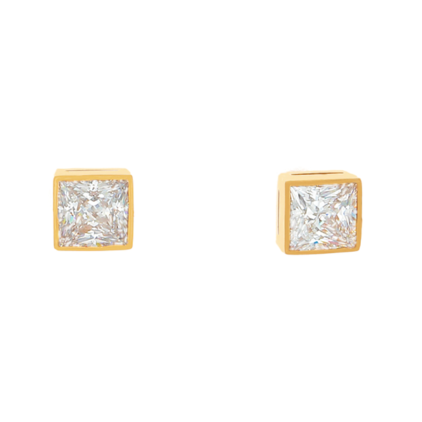 Desert Diamond, Princess Cut, 3 tcw, Bezel Set - 18k Gold Post Earrings - Finesse Jewelry