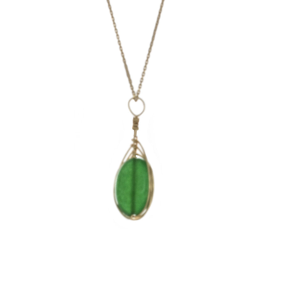 Emerald Green Agate Pendant Wrapped in gold on 14kt gold chain Necklace - Finesse Jewelry
