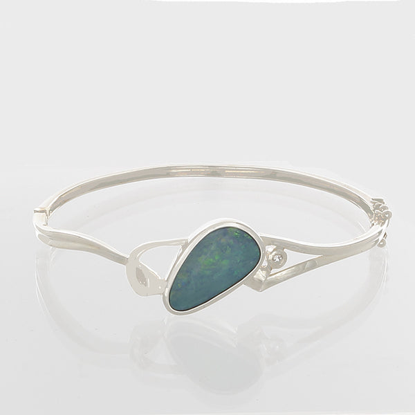 Blue Opal & Sterling Silver Bangle Bracelet-green fire - Finesse Jewelry