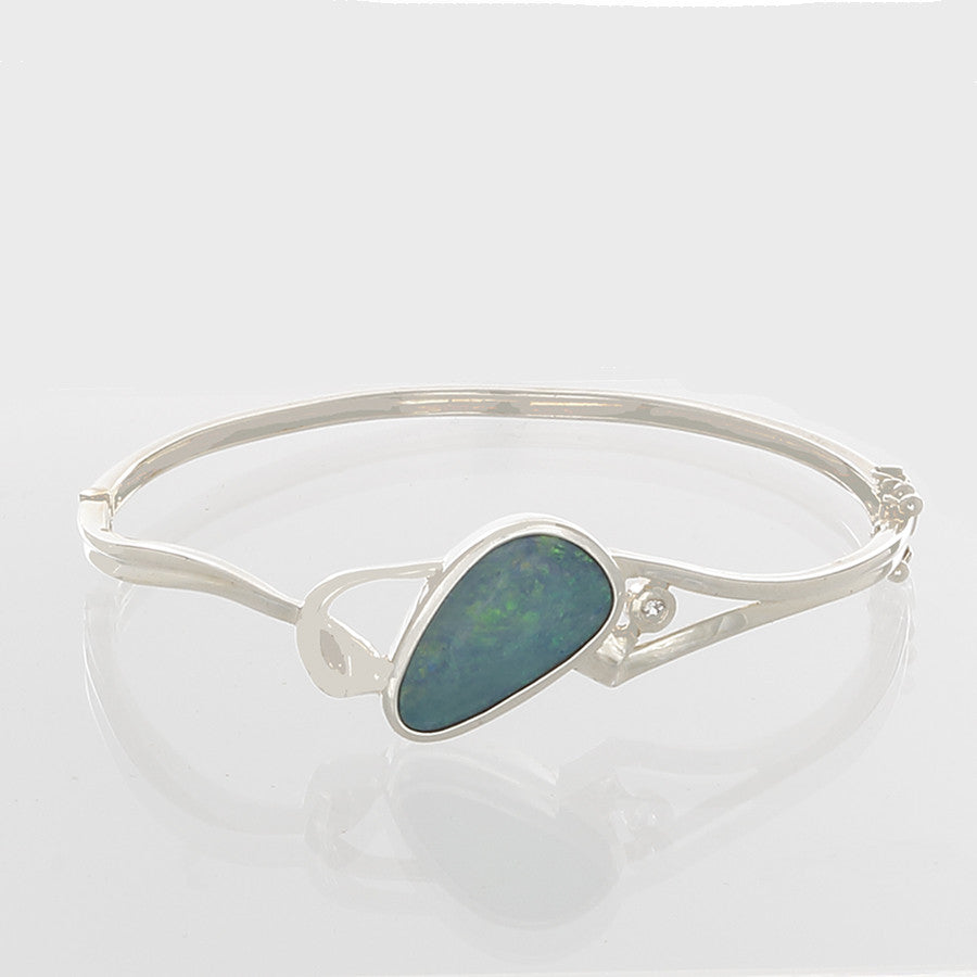 Blue Opal & Sterling Silver Bangle Bracelet-green fire - Finesse Jewelry