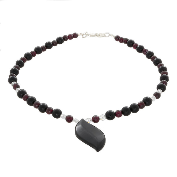 Garnet, Black Onyx & Clear Quartz beads with Onyx leaf pendant Necklace - Finesse Jewelry