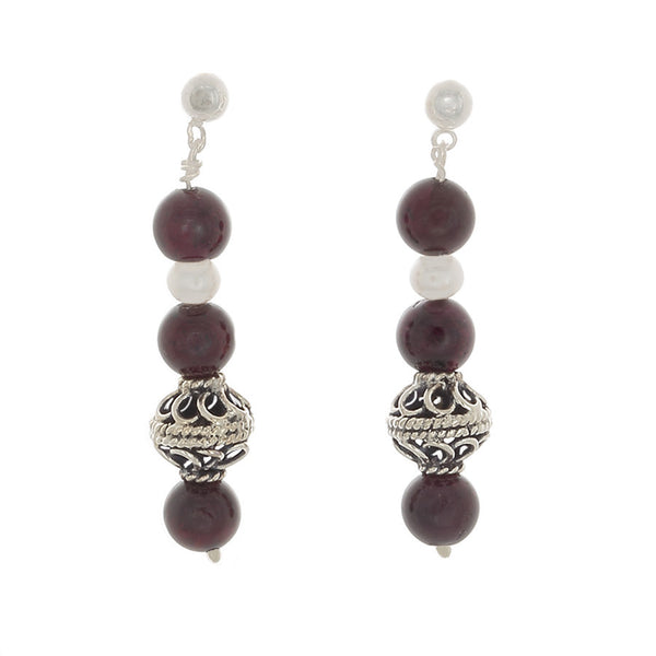 Garnet with pearl and silver beads Post earrings - Finesse Jewelry