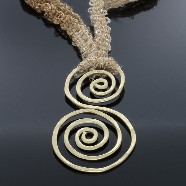 Gold Double Spiral abstract necklace on adjustable yarn/ribbon - Finesse Jewelry