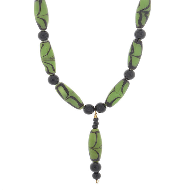 African Green with black glass beads spaced with obsian beaded Necklace - Finesse Jewelry