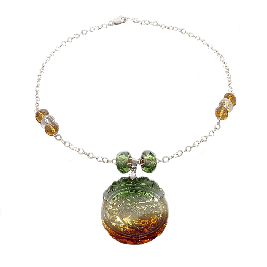 Green, Amber & Clear Crystal Pendant Necklace on Sterling Silver chain - Finesse Jewelry