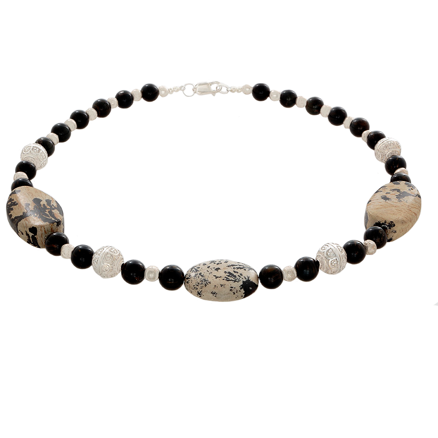 Grey Jasper and Blue Tiger's Eye Beaded Necklace with Sterling Silver - Finesse Jewelry