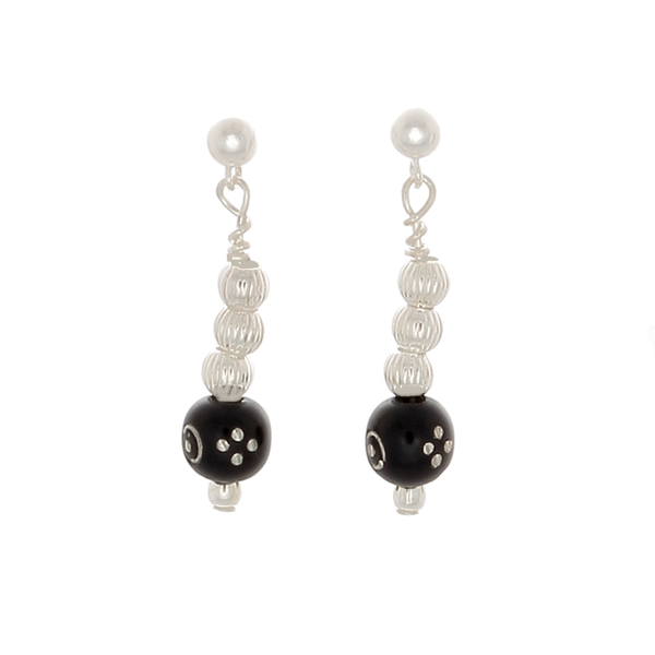 Black Coral Inlaid with silver & silver beaded Earrings - Finesse Jewelry