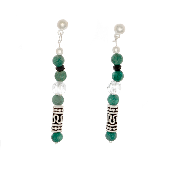 Green Jade, Crystal, Black Sapphire & Sterling Silver Post Earrings - Finesse Jewelry