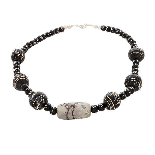 Jasper, Black Clay beads & Black coral silver inlaid beaded necklace - Finesse Jewelry