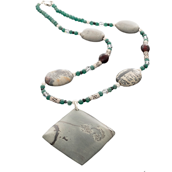 Grey Jasper, Green Jade, Black Sapphire, Amber and silver Necklace - Finesse Jewelry