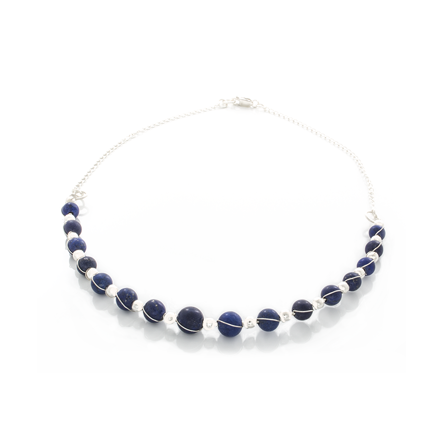 Lapis Lazuli Beads Wrapped in Sterling Silver on a Curved silver bar - Finesse Jewelry