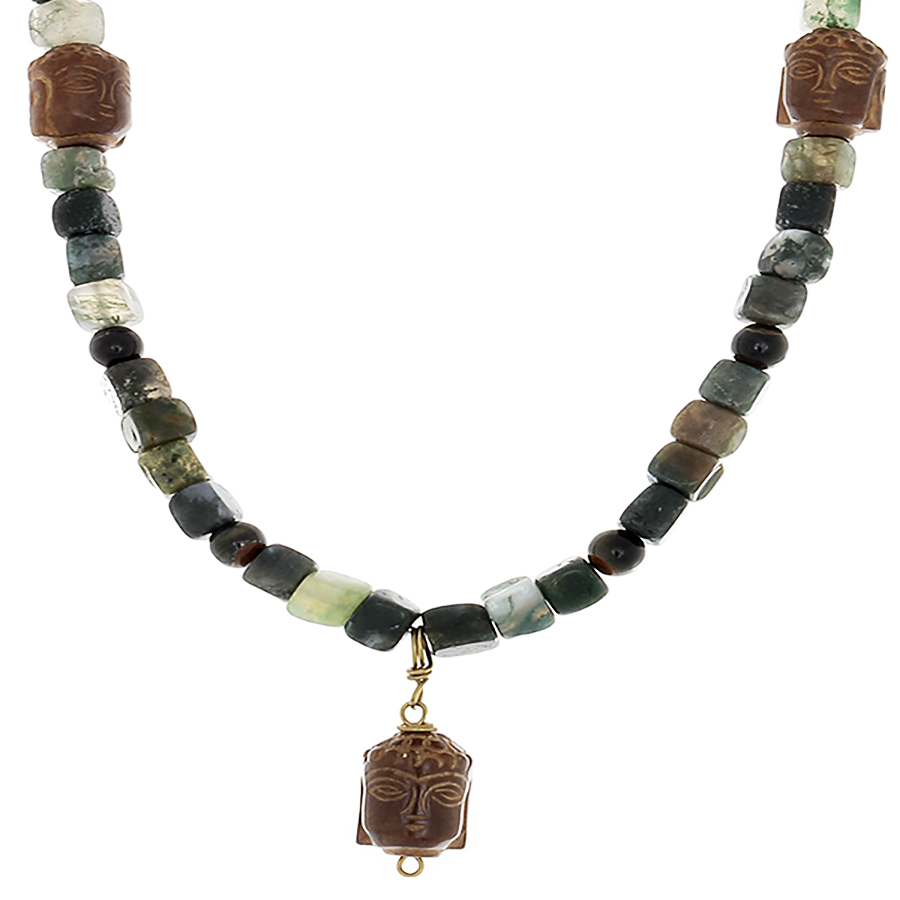 Moss Agate, Blue Tiger's Eye & Budha head Necklace - Finesse Jewelry