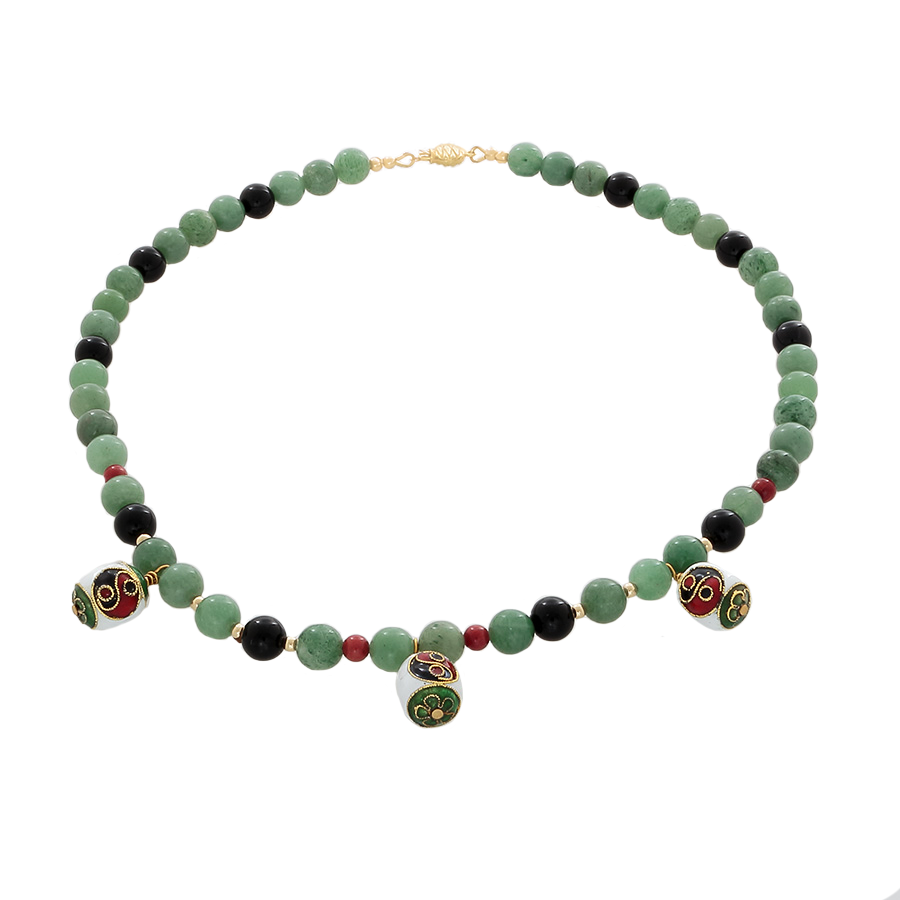 Prehenite, coral, and onyx beads with Cloisonne Yin/Ynag bead Necklace - Finesse Jewelry