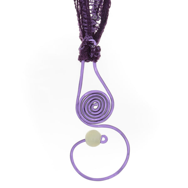 Purple Spiral Drop Pendant necklace with Prehenite bead & yarn/ribbon cord - Finesse Jewelry