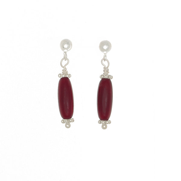 Red Amber Tube Bead Earrings on Sterling Silver Posts - Finesse Jewelry