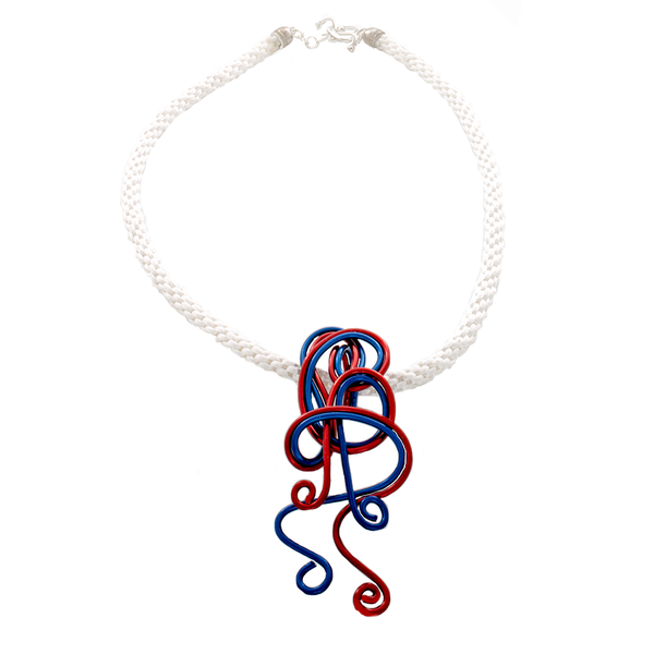 Red and Blue Twisted Wire Focal with White Kumihimo Braided Necklace - Finesse Jewelry