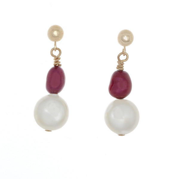 Raspberry & White Pearl Drop Earrings in Gold - Finesse Jewelry