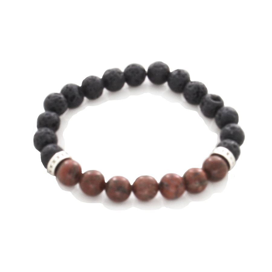 Red Jasper, Lava, and Sterling Silver Bead Stretch Infusion Bracelet for Men or Women - Finesse Jewelry