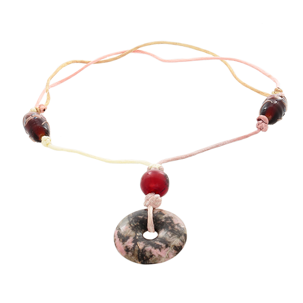 Rhodochrosite Pendant , Amber & glass bead Necklace on Adjustable satin cord - Finesse Jewelry